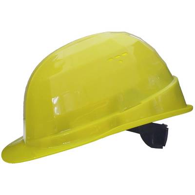 Yellow construction hard hat on a white background, shown in side view.