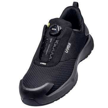 Black UVEX athletic safety shoe with BOA dial closure, shown isolated on a white background.
