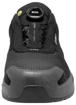 Front view of a black athletic work shoe with a BOA dial closure and textured mesh upper on a plain white background.