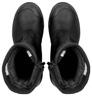Pair of black winter boots viewed from above, showing insulated, fur-lined openings and zipper closures.
