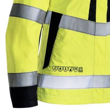 High-visibility yellow safety jacket with silver reflective stripes and black accents, shown close-up on the torso and sleeve.<br>