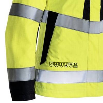 High-visibility yellow safety jacket with silver reflective stripes and black accents, shown close-up on the torso and sleeve.<br>
