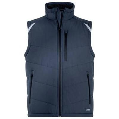 Navy quilted sleeveless zip-up vest with high collar and side pockets, shown front view on a plain background.