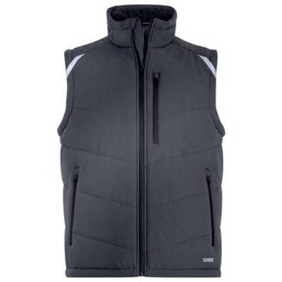 Dark gray sleeveless puffer vest with high collar, front zipper, and multiple zip pockets on a white background.