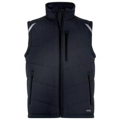 Dark navy quilted sleeveless puffer vest with a high collar, front zipper, and zippered pockets, shown on a plain white background.