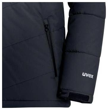 Close-up of a black quilted jacket sleeve and torso with a zipper pocket and 'uvex' logo on the sleeve.