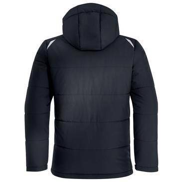 Dark navy hooded puffer jacket shown from the back on a plain white background.