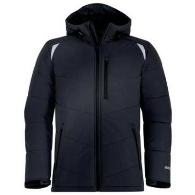 Dark navy hooded puffer jacket with full front zipper and reflective shoulder accents, shown front view on a white background.