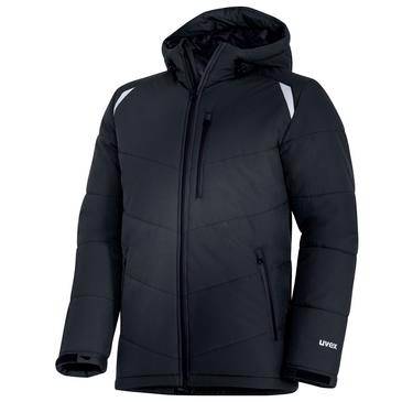 Black hooded winter jacket with full front zipper, zippered pockets, and white shoulder accents on a plain background.