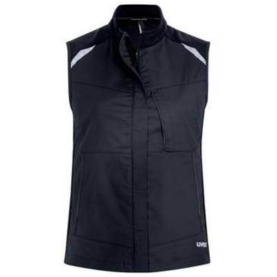 Black sleeveless zip-up athletic vest with white shoulder accents, shown front view on a white background.