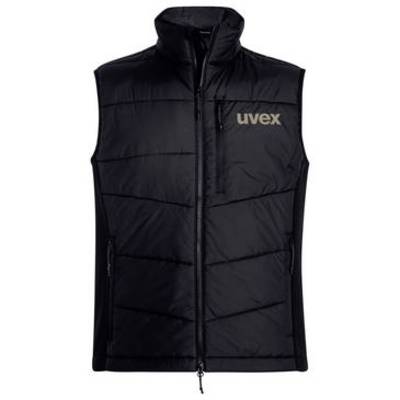Black sleeveless puffer vest with front zipper and 'uvex' logo on the chest, shown against a white background.
