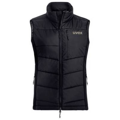 Black quilted sleeveless vest with high collar and front zipper, branded 'uvex' on the chest.