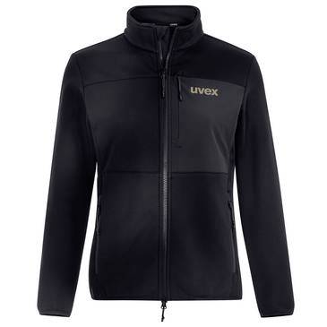 Black full-zip jacket with stand collar and 'uvex' logo on the chest, shown front view on a white background.