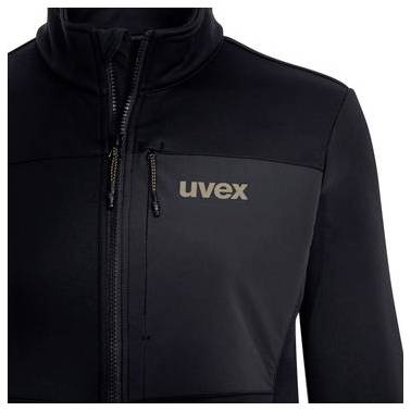 Close-up of a black zip-up jacket with the 'uvex' logo on the chest.