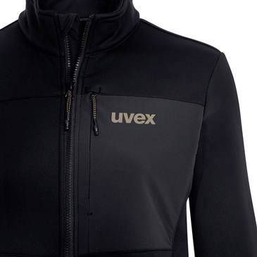 Black uvex zip-up jacket with chest pocket and logo, shown front view on a plain background.
