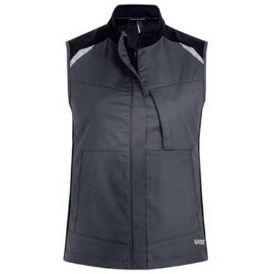 Sleeveless dark gray zip-up vest with high collar and light gray shoulder panels, shown front view on a white background.