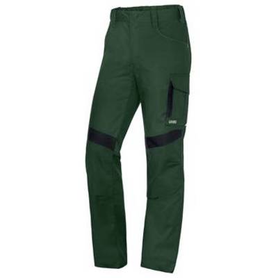 Dark green work pants with black reinforced knee patches and a side cargo pocket, shown on a white background.