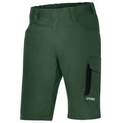 Dark green cargo shorts with front pockets and a side zip pocket labeled 'uvex'.