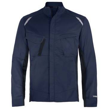 Navy long-sleeve zip-up work jacket with chest and lower pockets and reflective shoulder accents, shown front view on a white background.