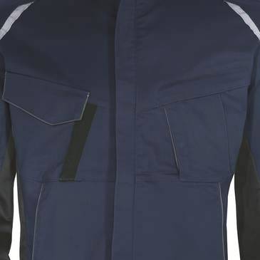 Close-up of a navy blue jacket or work coat with large flap chest pockets and black sleeves.