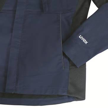 Navy blue Uvex jacket with large front pockets and a sleeve logo, shown against a white background.