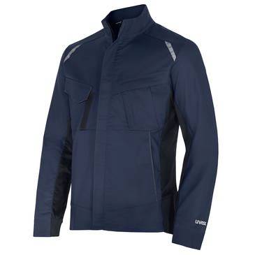 Dark navy long-sleeve work jacket with stand collar, chest pocket, and reflective shoulder detail, shown on a white background.<br>