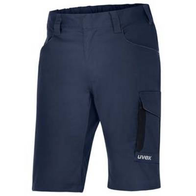 Navy blue men's cargo shorts with side pocket and 'uvex' logo on the leg.