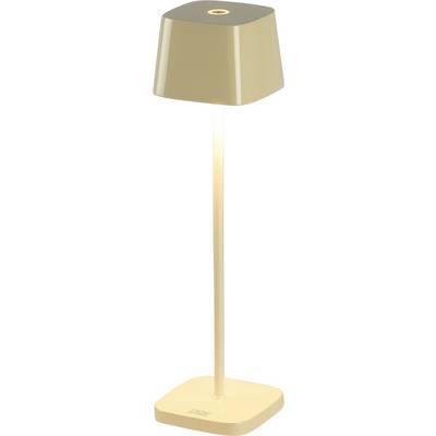 Gold table lamp with a square base, slim stem, and tapered shade lit from above.