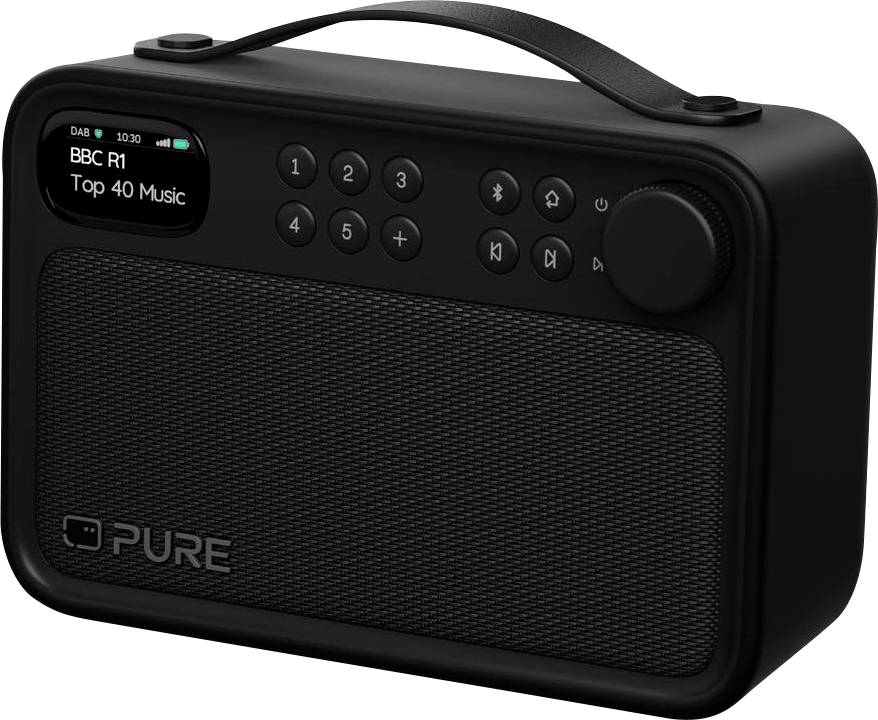 Black portable radio speaker with display showing 'BBC R1 Top 40 Music', preset buttons, control knob, and carrying handle.