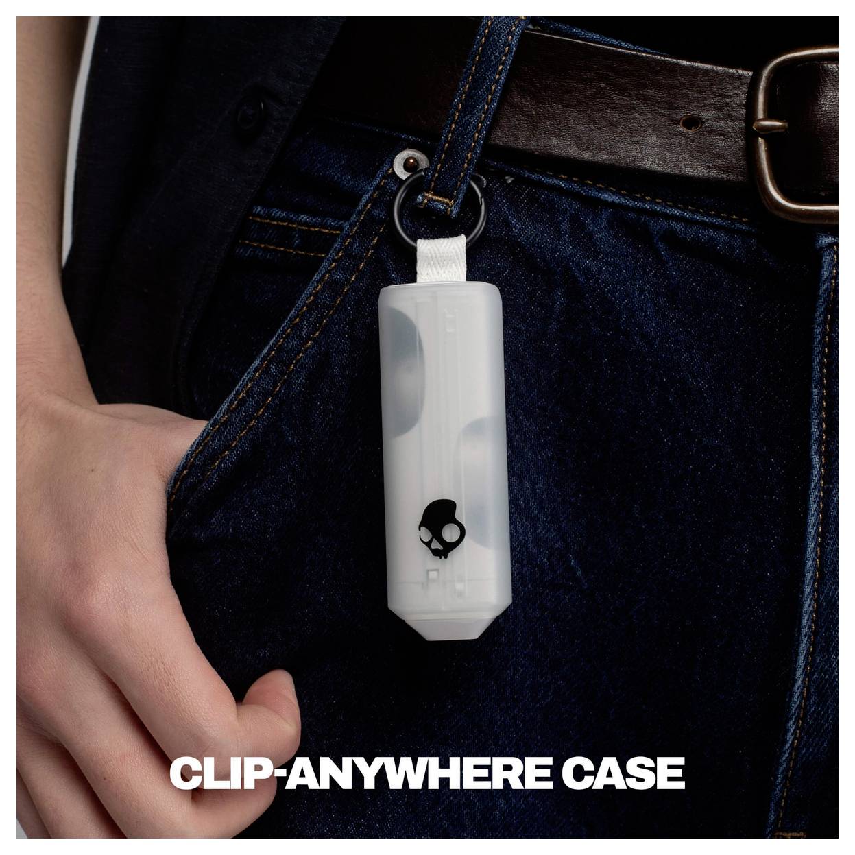 Small white clip-on case attached to a jeans belt loop, with text 'CLIP-ANYWHERE CASE' at the bottom.