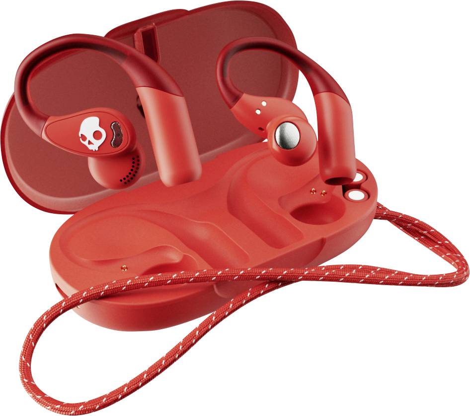 Red wireless earbud charging case with attached earbuds and lanyard, shown open on a white background.