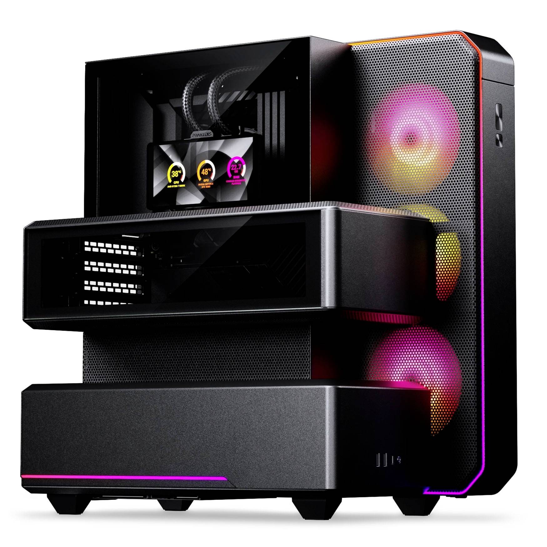 Black gaming desktop PC tower with transparent side panel and RGB-lit front fans, shown in a three-quarter view on a white background.