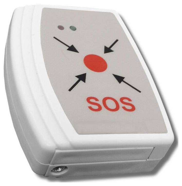 SOS emergency push button alarm on a wall-mounted white device, with arrows pointing to a red center button.<br>