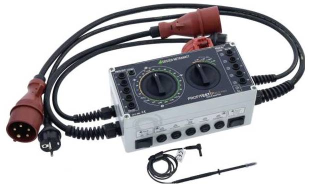 Portable industrial electrical test device with two large dials, attached heavy-duty cables and plugs, plus a probe accessory.
