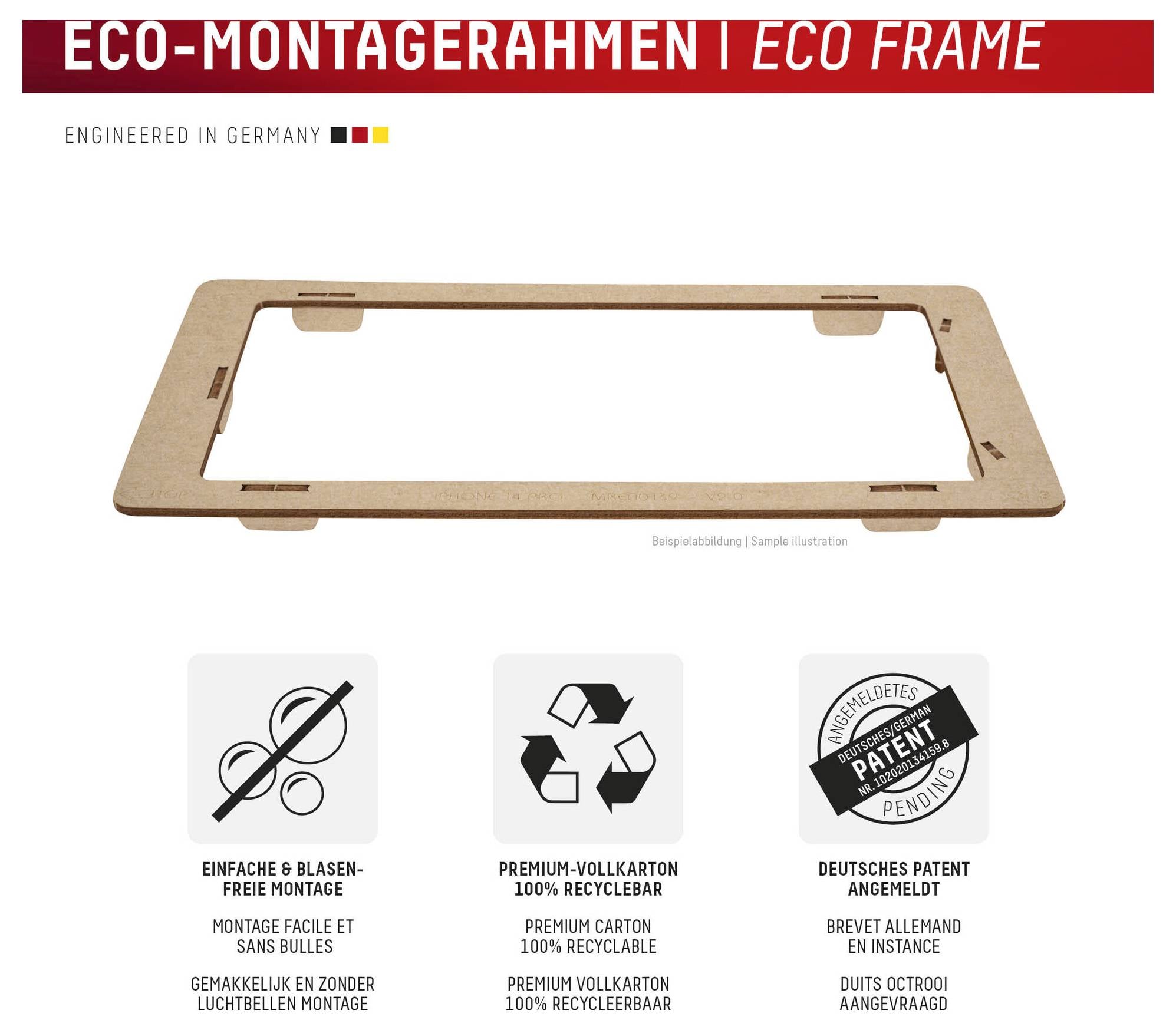 Eco-Montagerahmen 'Eco Frame' cardboard mounting frame shown with labels for easy assembly, 100% recyclable premium cardboard, and patent pending.