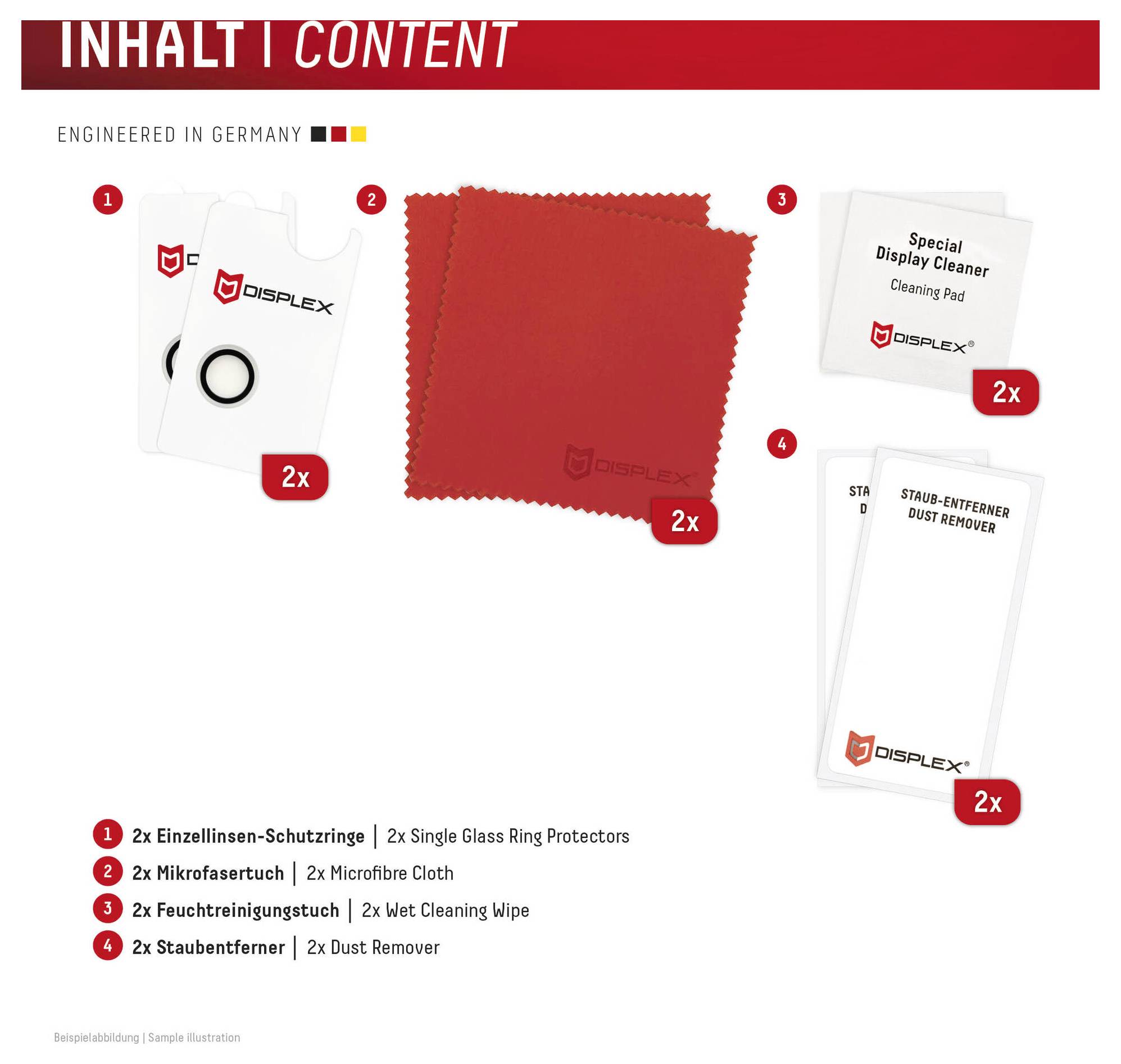Package contents illustration showing 2 glass screen protectors, 2 microfiber cloths, 2 wet cleaning wipes, and 2 dust removers.