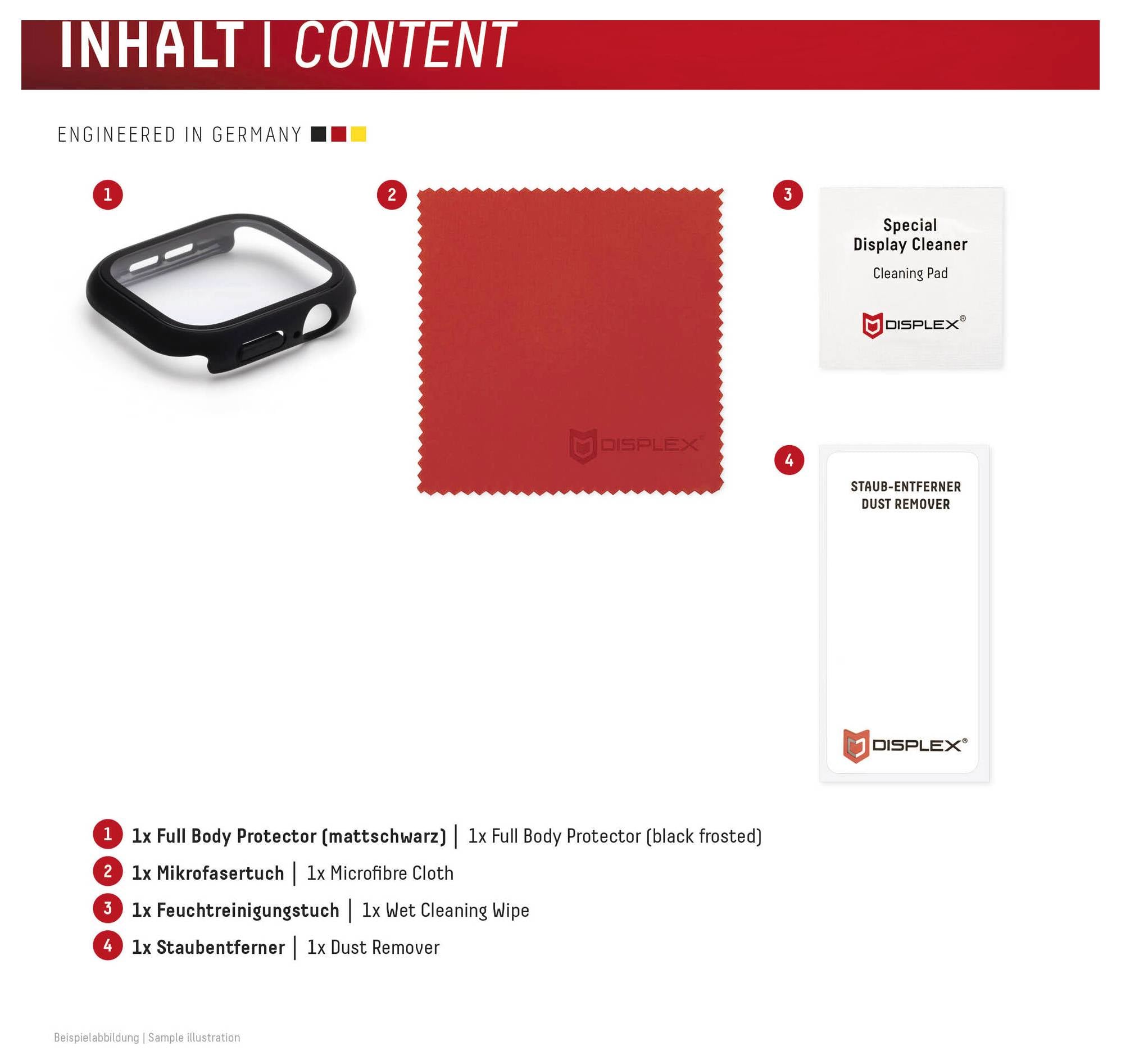 Product contents diagram showing four items: black full body protector, red microfiber cloth, special display cleaner wipe, and dust remover, labeled 'ENGINEERED IN GERMANY'.<br>
