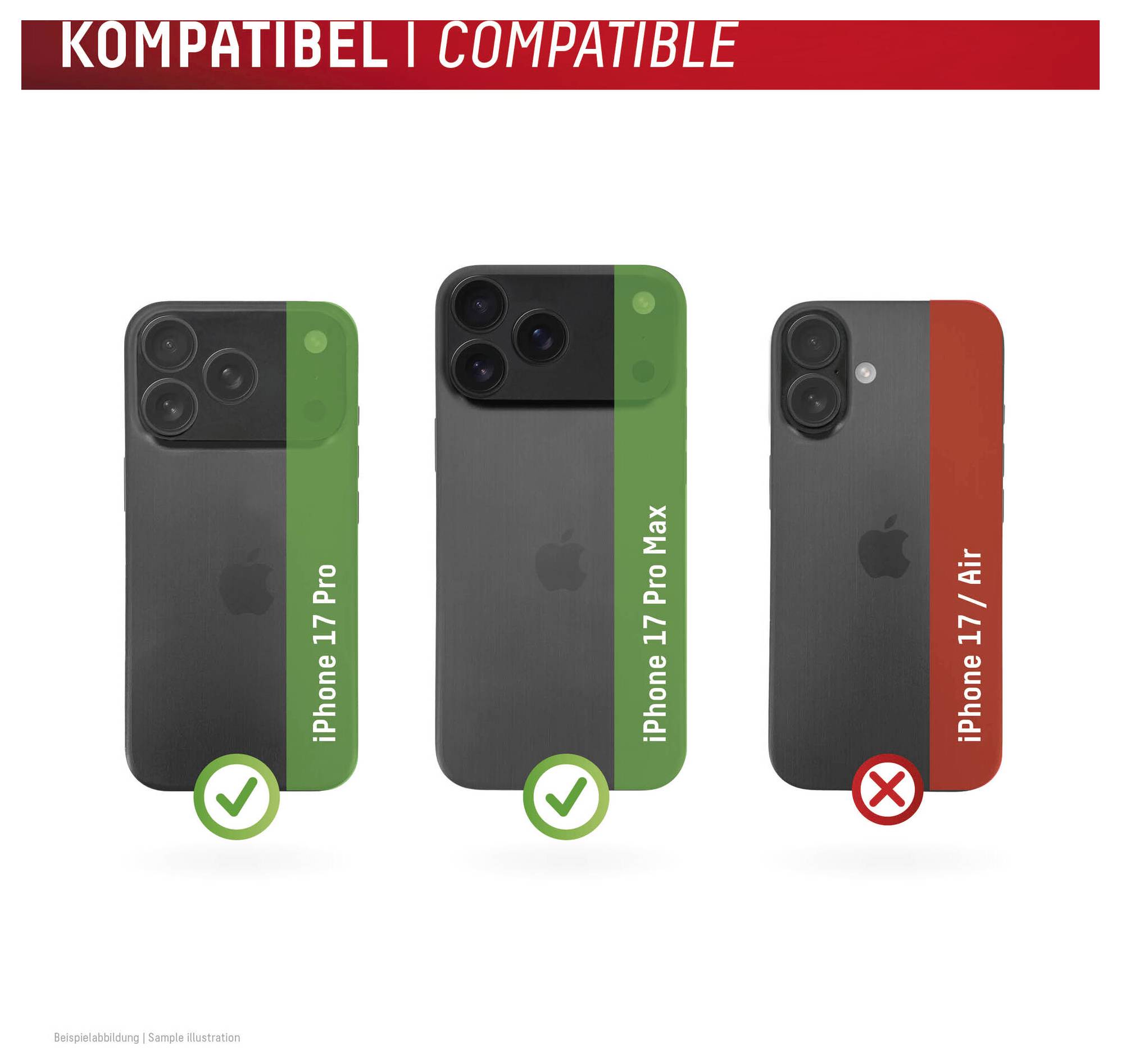 Compatibility chart showing iPhone 17 Pro and iPhone 17 Pro Max marked compatible with green checks, and iPhone 17 Air marked incompatible with a red X.<br>