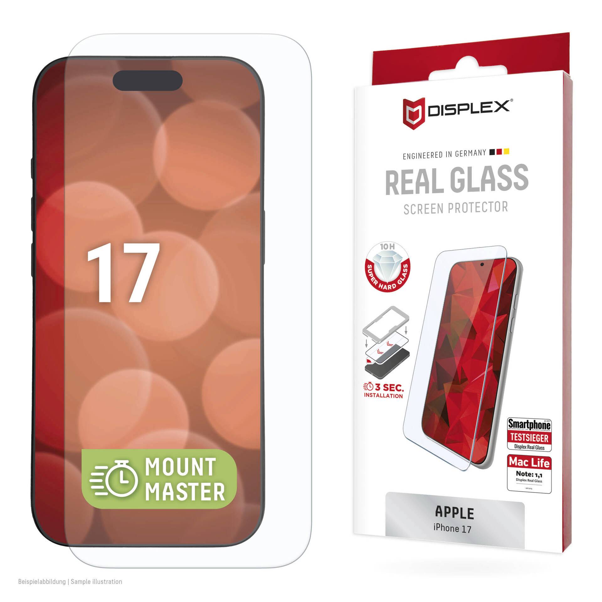 Image of an Apple iPhone 17 screen protector package and a phone mockup showing the protector installed, labeled 'REAL GLASS' by DISPLEX and 'MOUNT MASTER'.