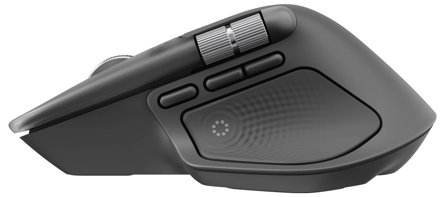 Black ergonomic wireless mouse shown in side view, with a thumb rest, scroll wheel, and two side buttons.