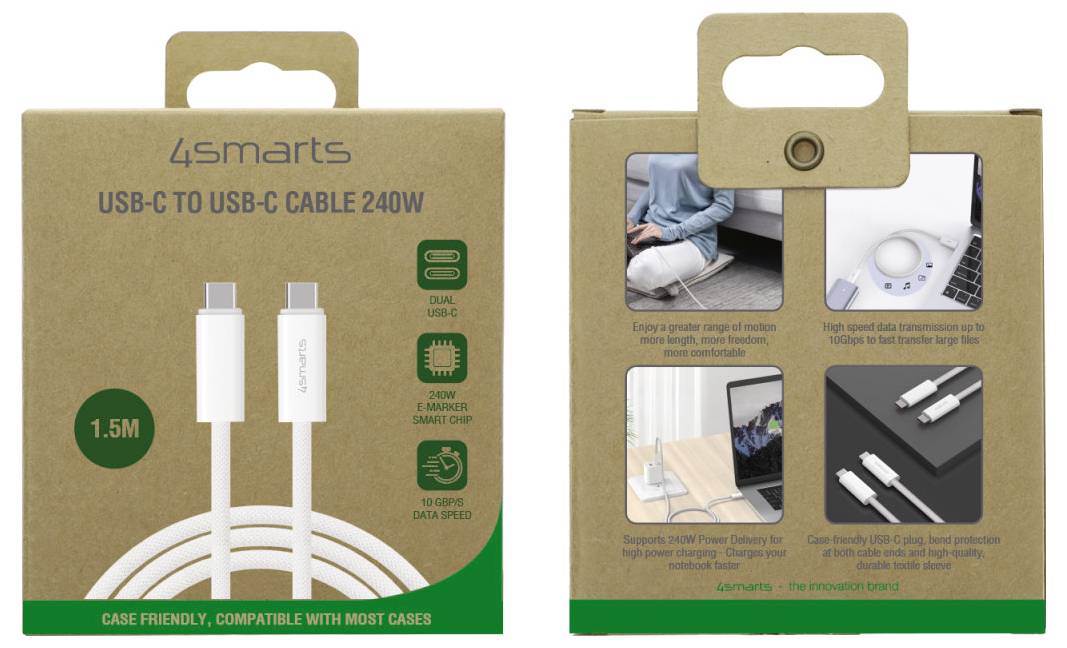 Product packaging for 4smarts USB-C to USB-C cable 240W, shown front and back, with 1.5 m length, dual USB-C, and fast charging/data transfer icons.