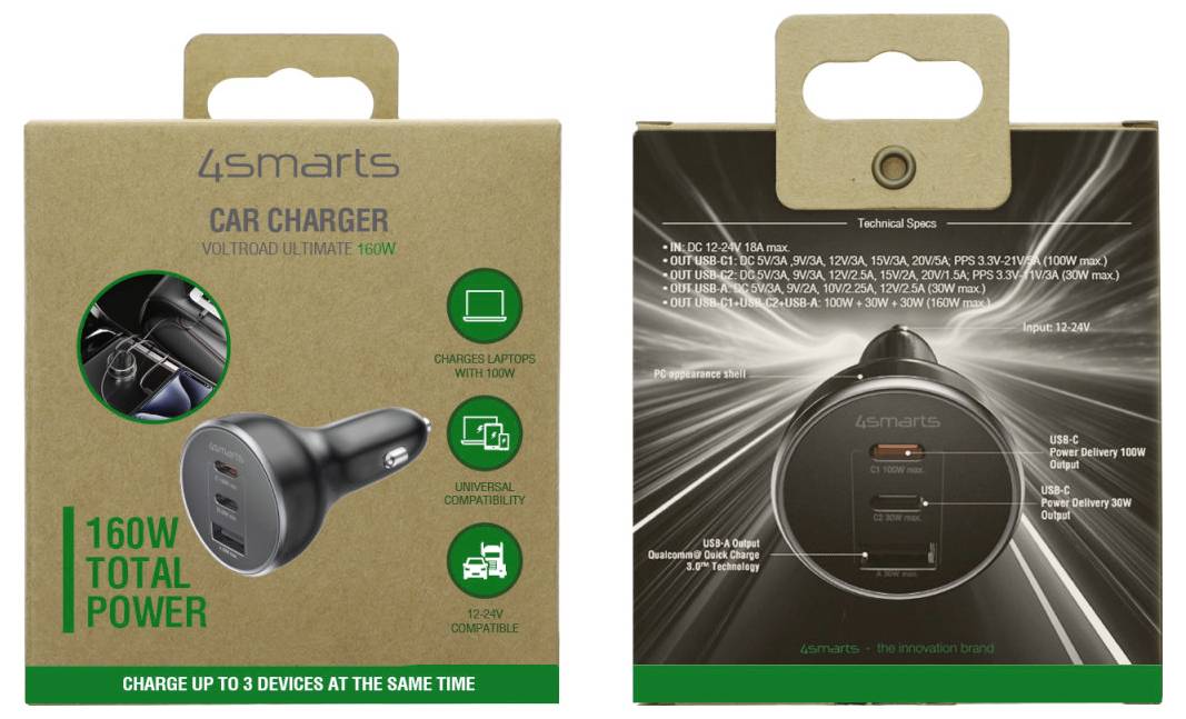 4smarts car charger packaging showing a 160W total power USB-C car charger, with front and back of the box displayed.