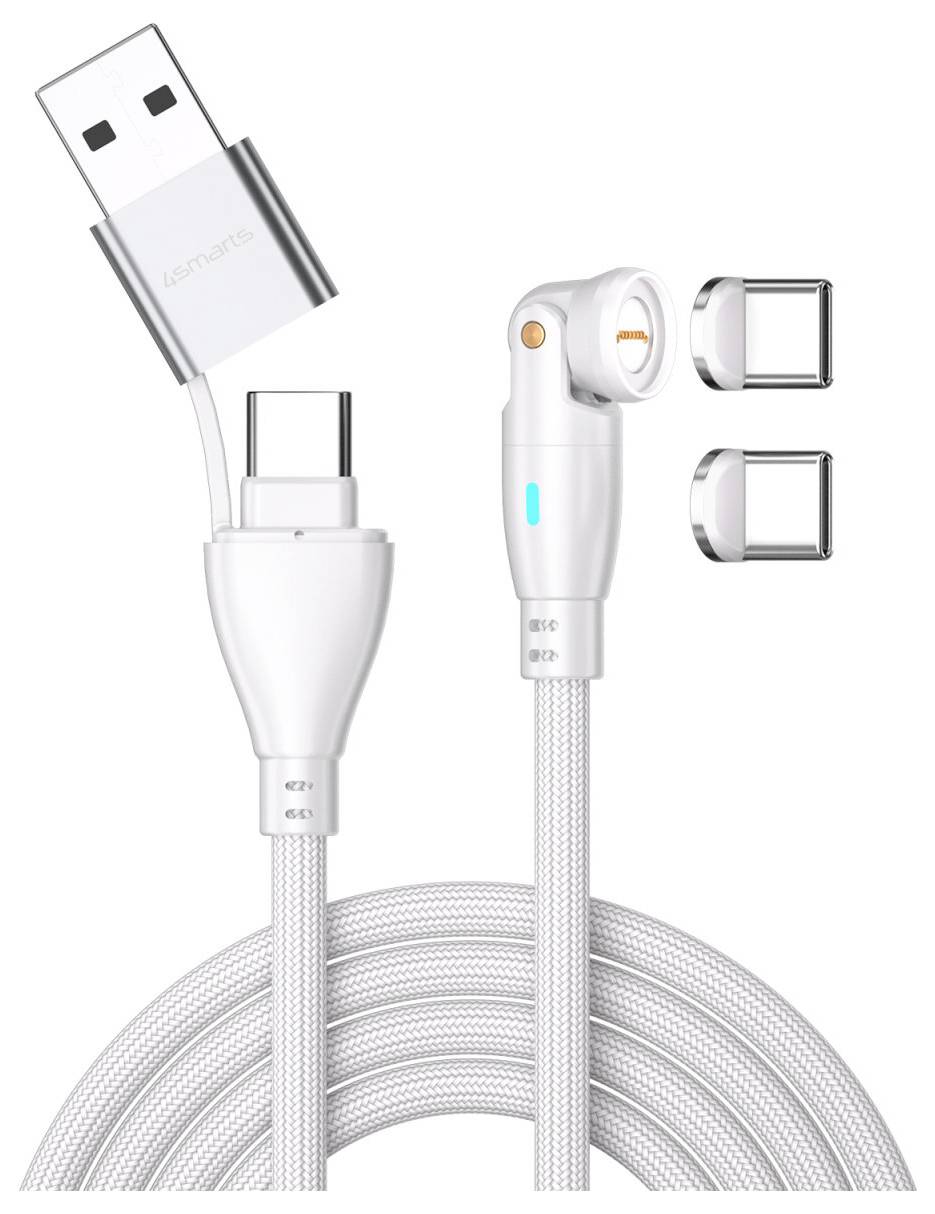 White USB-C charging cable with USB-A and angled USB-C connectors, plus two magnetic adapter tips shown beside the plug.<br>
