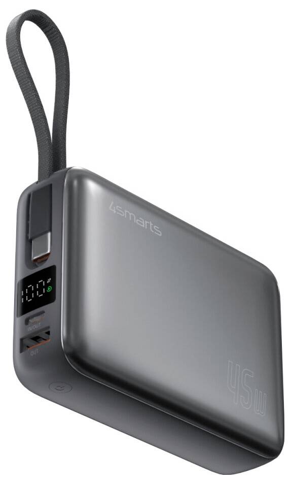 Portable gray power bank with a loop strap, LED battery display, and USB ports<br>