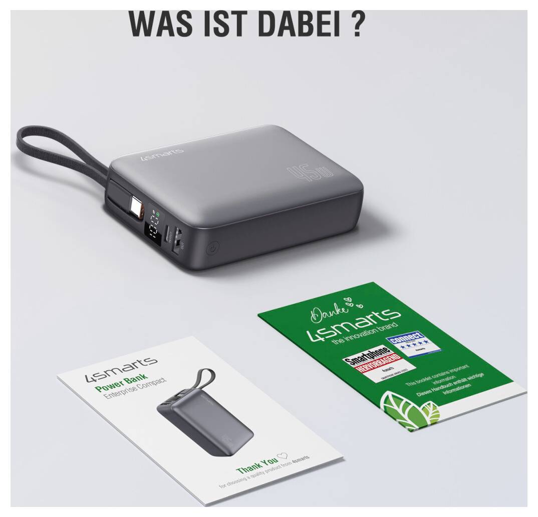 Portable power bank with attached cable, shown with two '4smarts' instruction leaflets on a light background.