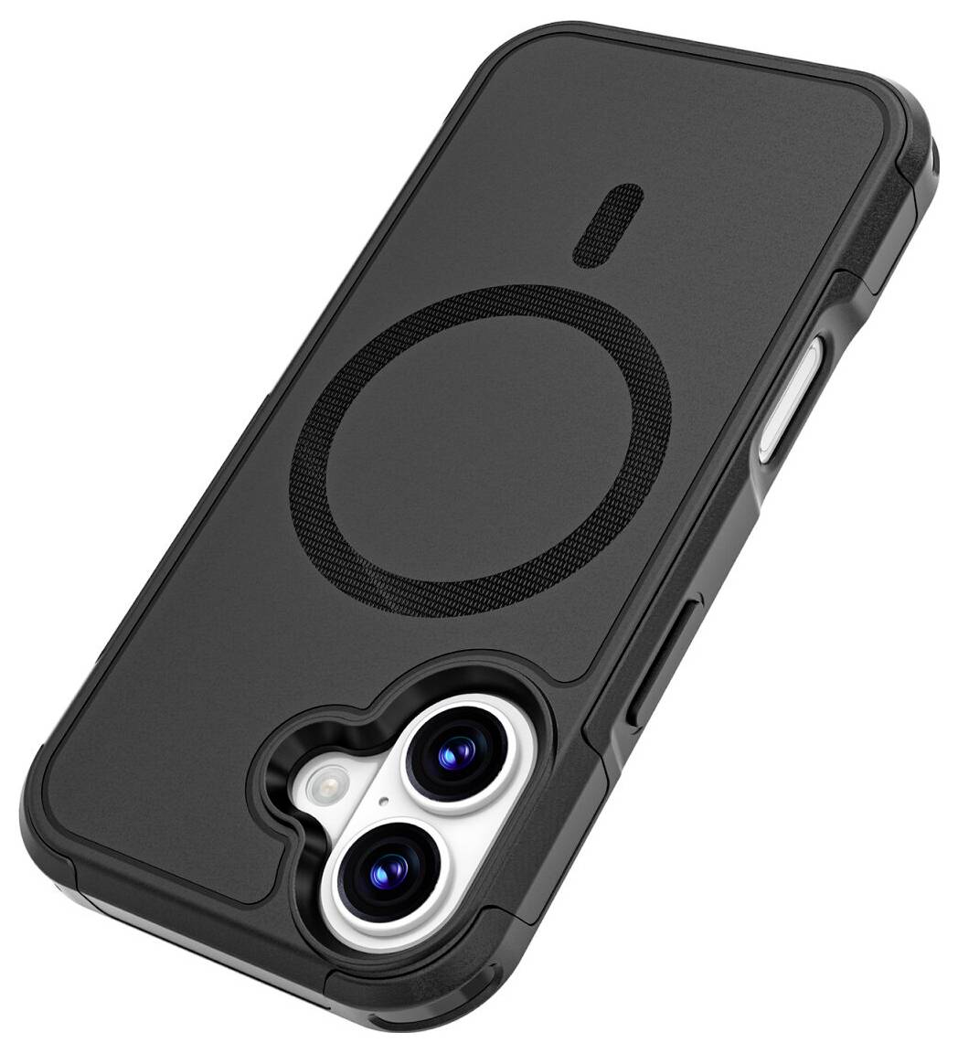 Black smartphone case with built-in circular MagSafe-style ring and open camera cutout showing dual lenses.