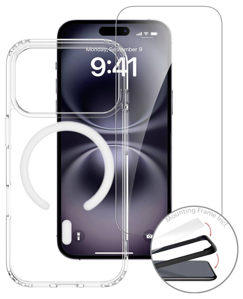 Clear protective smartphone case shown on an iPhone, with a ring-style grip stand and a close-up inset showing the case’s layered frame construction.