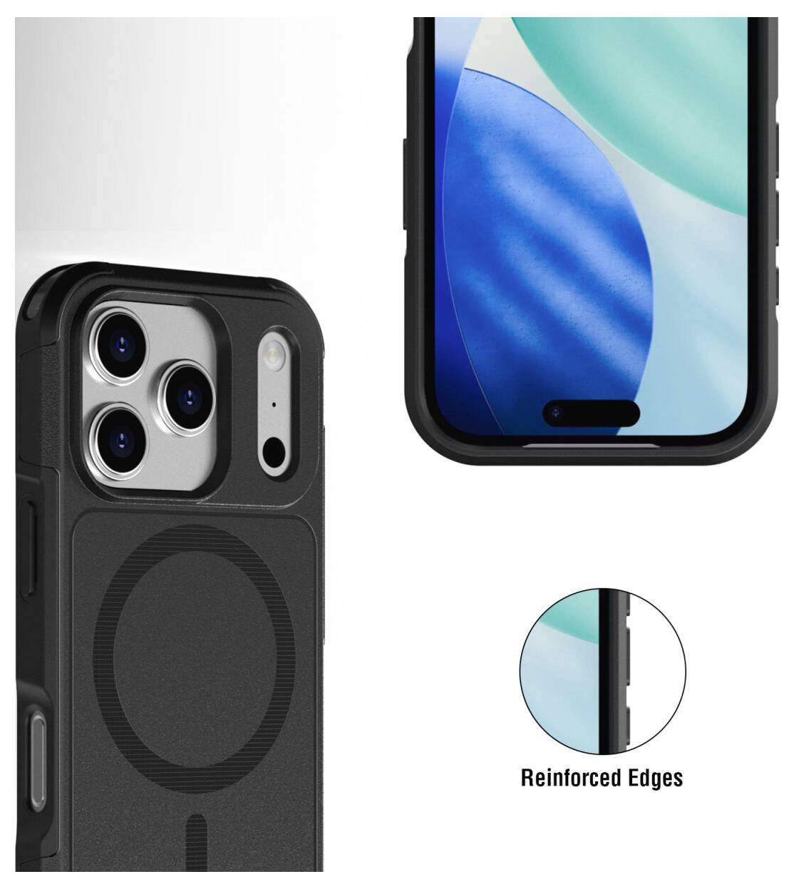 Black phone case with built-in circular MagSafe-style ring and raised camera protection, shown on a smartphone with a 'Reinforced Edges' inset detail.