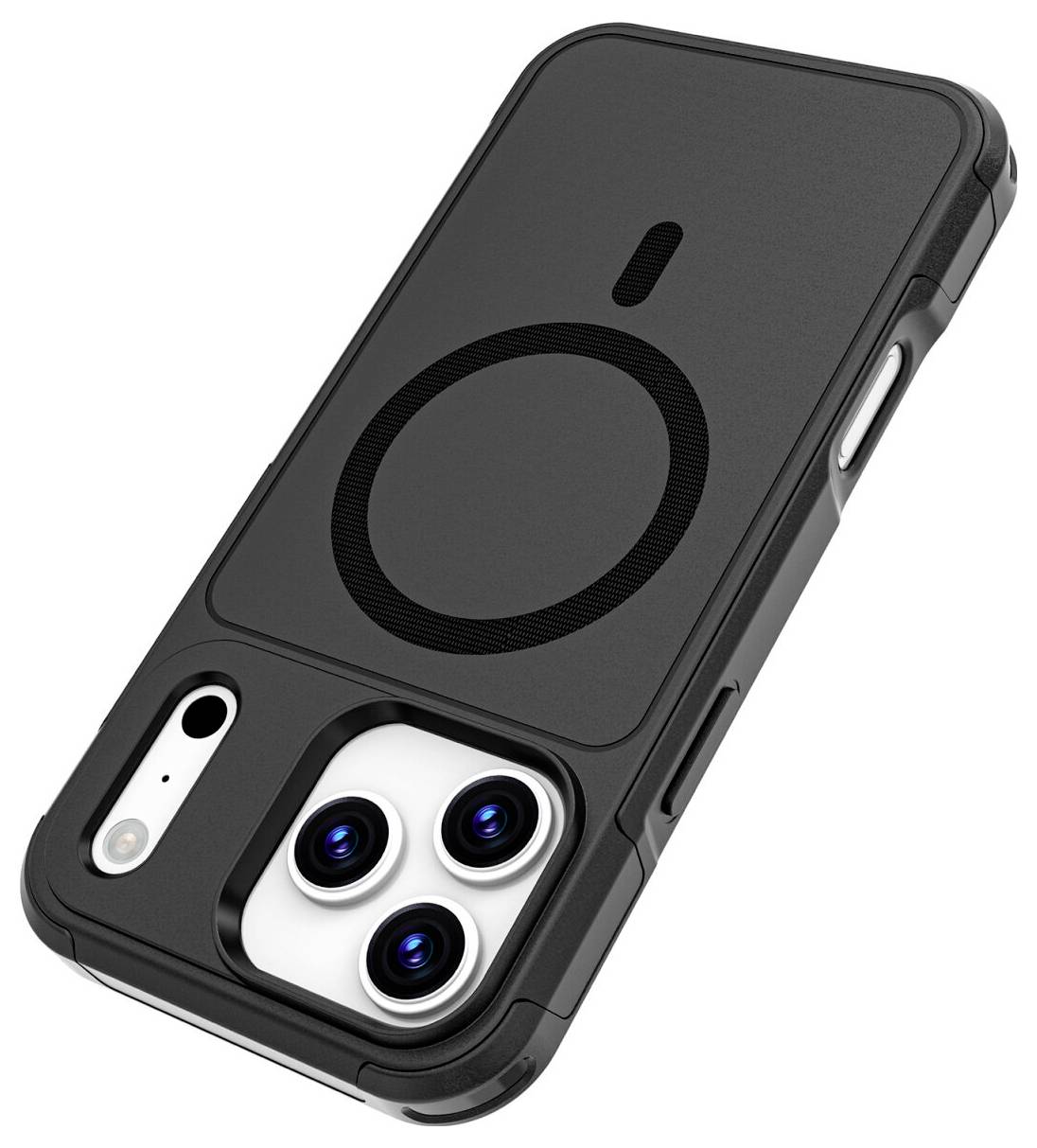 Black smartphone case with MagSafe-style circular ring and cutouts for a triple-camera phone on a white background