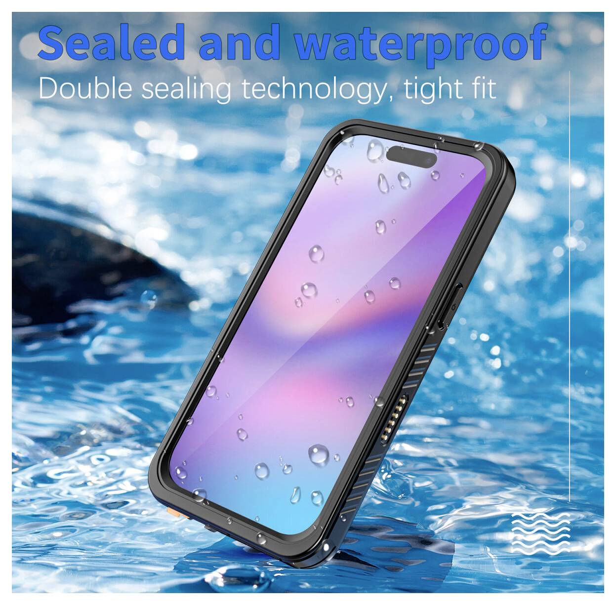 Waterproof smartphone case shown partially submerged in water, with text 'Sealed and waterproof' and 'Double sealing technology, tight fit'.